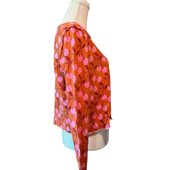 Maeve By Anthropologie Orange and Pink Cherry Print Long Sleeve Top Size Small - Picture 5 of 9
